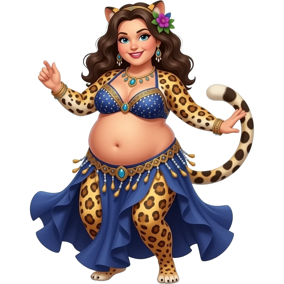 A female leopard belly dancer,with an morbid obese love handles & muffin top midriff,her bellybutton bulging from being stuffed to the max after a luncheon buffet,She dances then her bouncy belly wobbles a lot. emoji