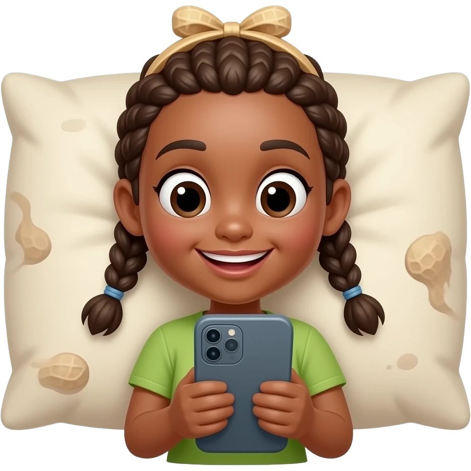 A peanut with box braids and a cute smile, laying on a dirty pillow looking at her phone emoji