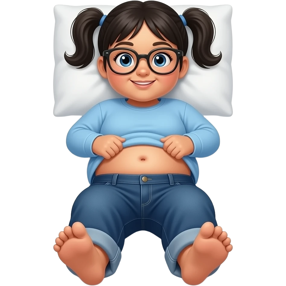 Obese Hispanic little girl with black pigtails and blue eyes rounded black glasses plain light blue long sleeve shirt and dark blue baggy jeans and belly button laying down on her pillow on her bed showing her feet lifting her shirt all the way up with fat belly button shaking her belly emoji