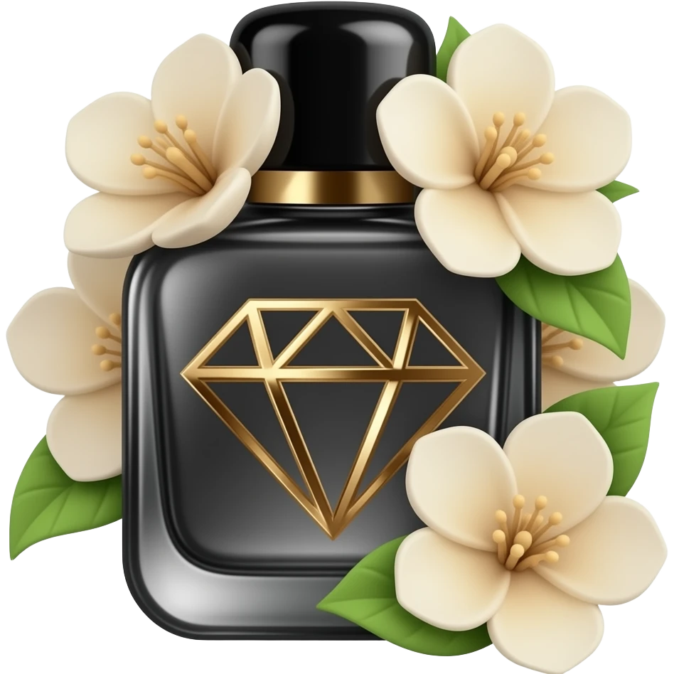 black perfume bottle with beige flowers, luxury emoji emoji