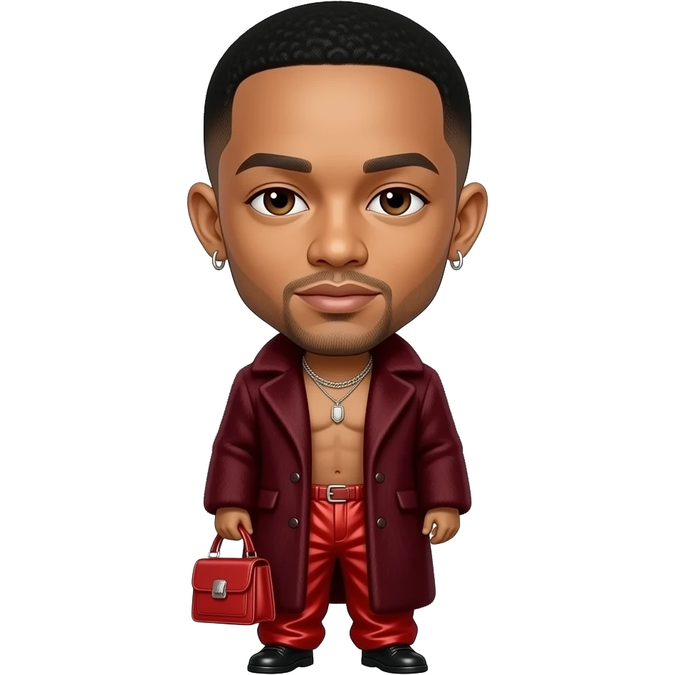 Jaden Smith with dark brown eyes, black buzz cut hair, maroon fur coat, crimson metallic baggy pants, shirtless with necklace and earrings emoji