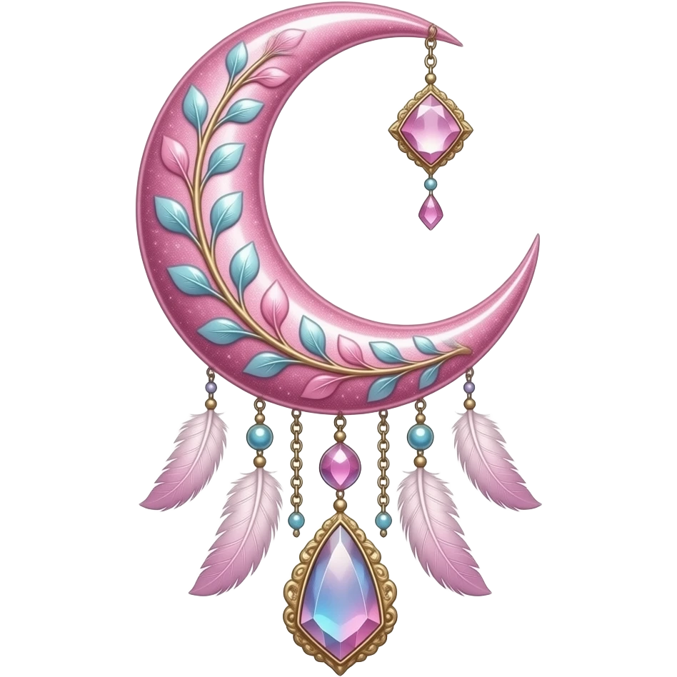Rosy shiny glossy sparkly romantic pastel crescent damask moon with rose quartz pastel vines pastel gems pastel beads with feathers and chains suncatcher-dreamcatcher emoji