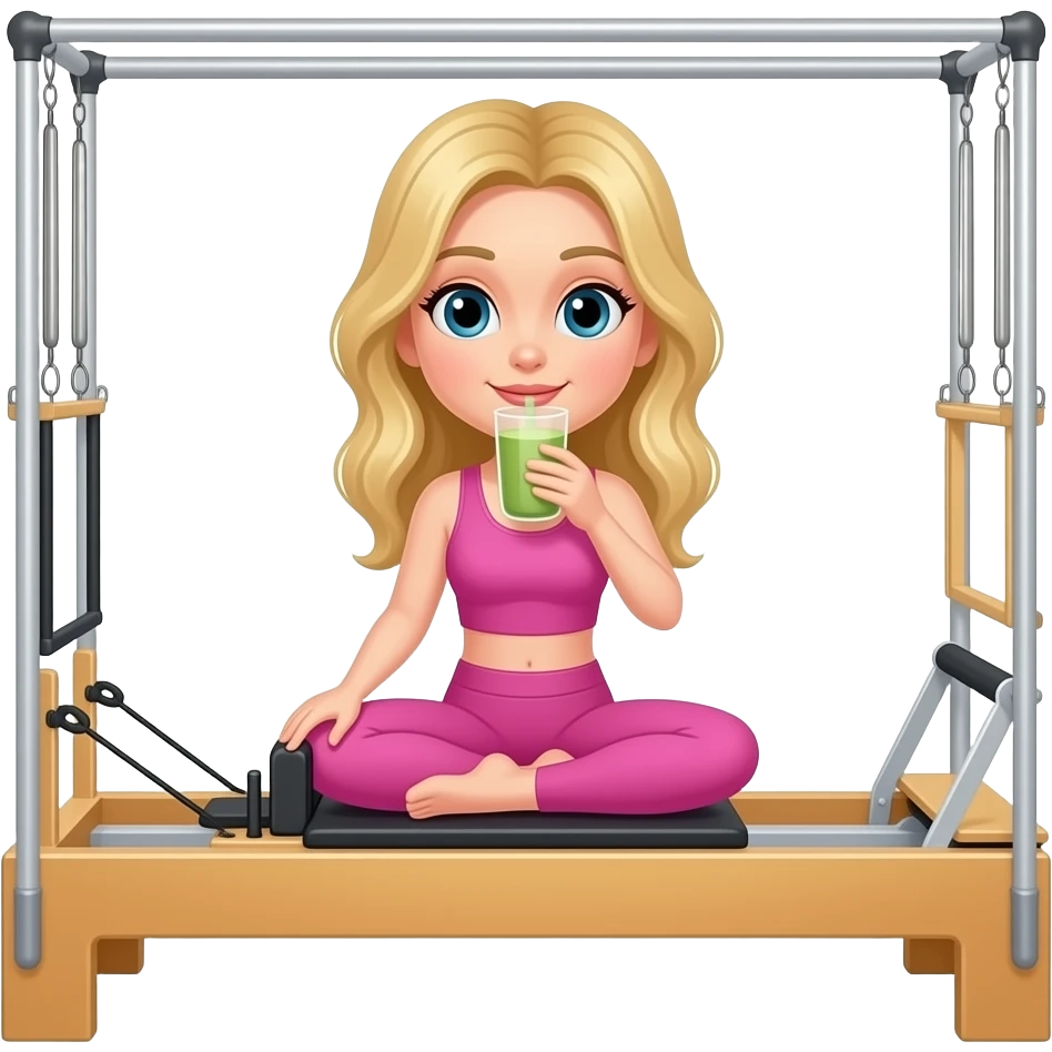 blonde pilates instructor in pink on a reformer drinking matcha emoji