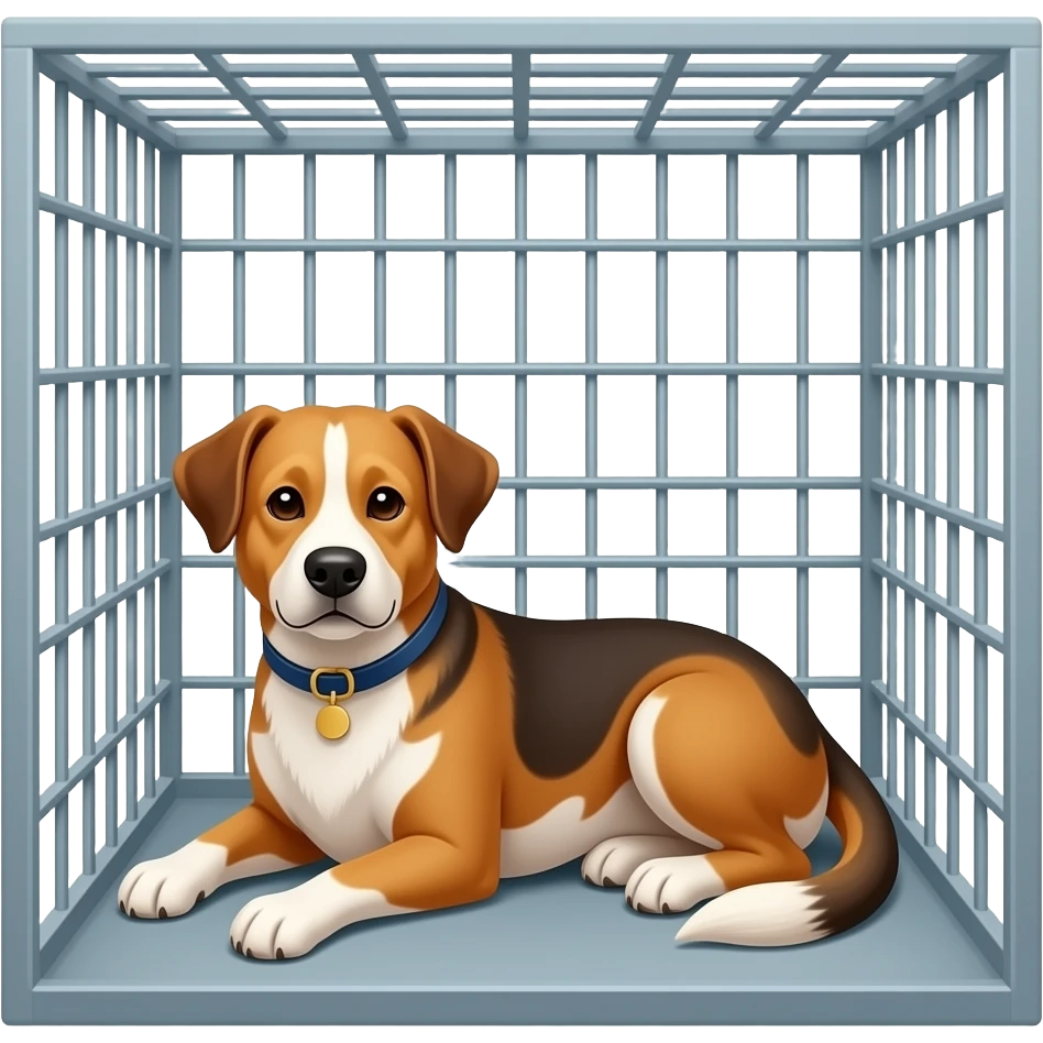 The stter dog rests inside its spacious kennel. emoji