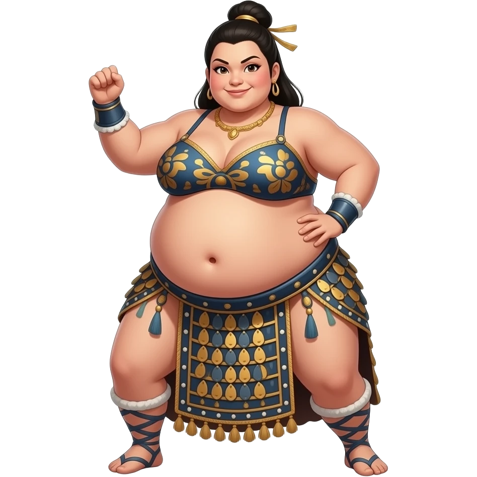 A female sumo warrior belly dancer,with a morbid obese midsection,her bellybutton peeps,her massive belly is bulging from being stuffed to the max after a luncheon buffet,She dances then her bouncy big tummy steals the spotlight. emoji