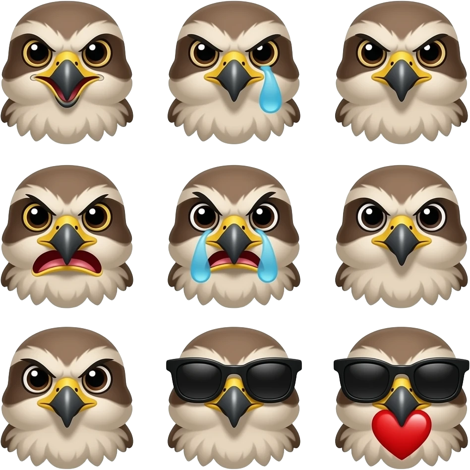 Falcon head emojis with different expressions such as happy, sad with one tear, angry, horrified, laughing crying, cool with sunglasses, holding a heart. No extra mouth/smile, use the falcons nib for expressions. emoji