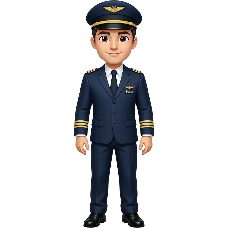 Entire body Male Pilot with suit legs snd shoes Male entire Body Pilot w blazer's Black hair white skin brown eyes with hat and name badge under wing badge “Scott” emoji