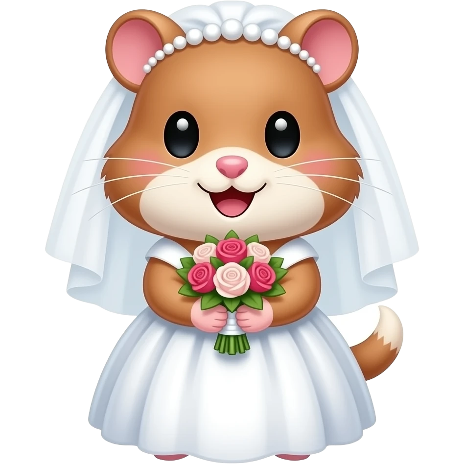 부케를 들고 활짝 웃는 귀엽고 예쁘고 깜찍한 갈색 햄스터 신부. emoji