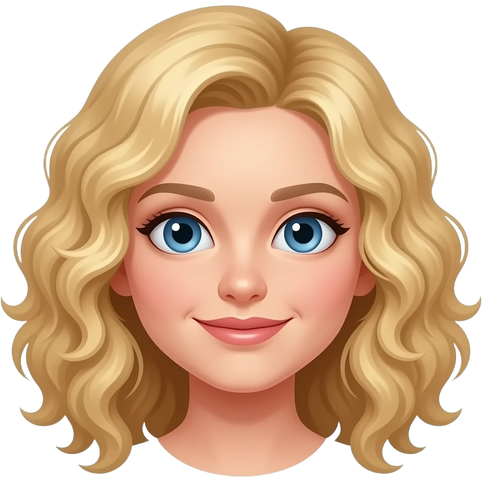 blonde girl with wider jaw and dark blue eyes and curly hair emoji