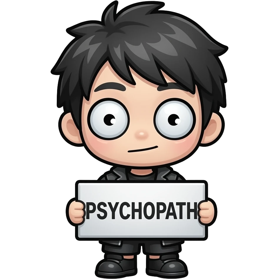 chibi twitch emote, tiny unhinged chibi character with crazy eyes holding “ПСИХОПАТ” text, chaotic cute energy, thick black outline, transparent background, 7TV style emoji