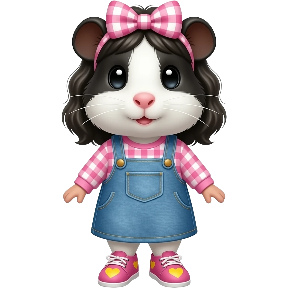 black and white guinea pig with pink long sleeve gingham shirt, jean dress, pink shoes with yellow hearts and a pink gingham bow in hair emoji