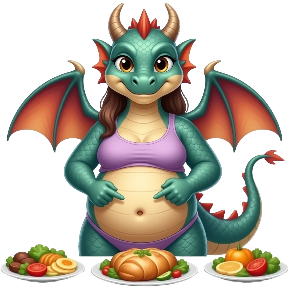 A female eastern dragon,enjoyed a great buffet,now she pretends she has a twin baby bump,she sticks out her big full stomach,she is just perfect pointing cutely at her food baby,it is a guessing game with her bun in the oven,but she knows she is just fat,her bellybutton makes agreement with clues. emoji