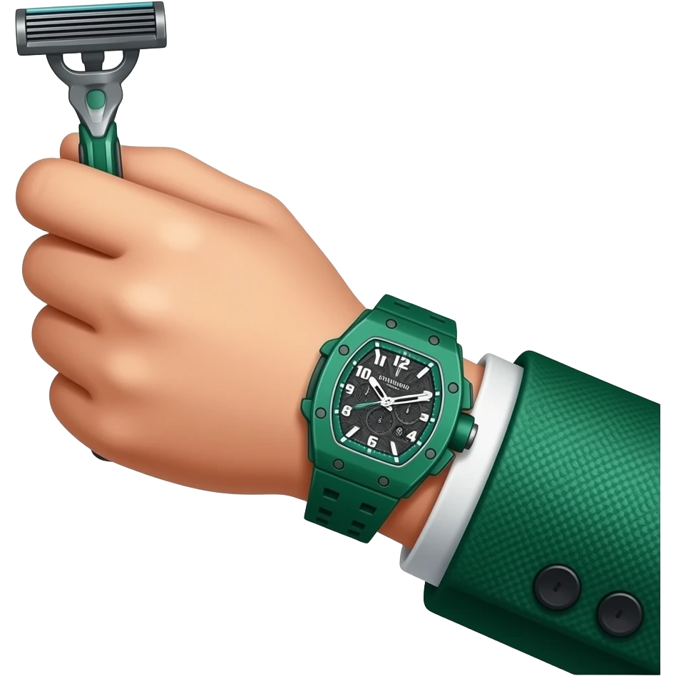 create me a hand which is holding a razor, and have green richard mille watch on and have green suit. Do so many details of watch and suit and the razor emoji