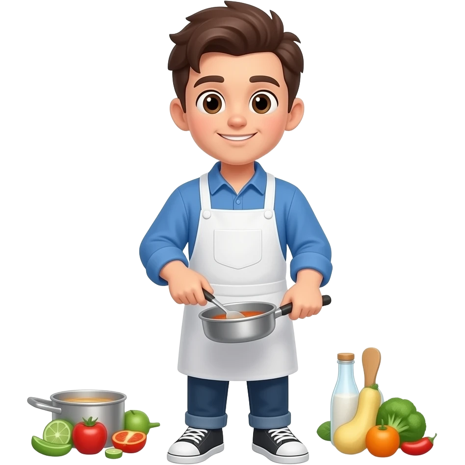 College boy, full body, cooking emoji