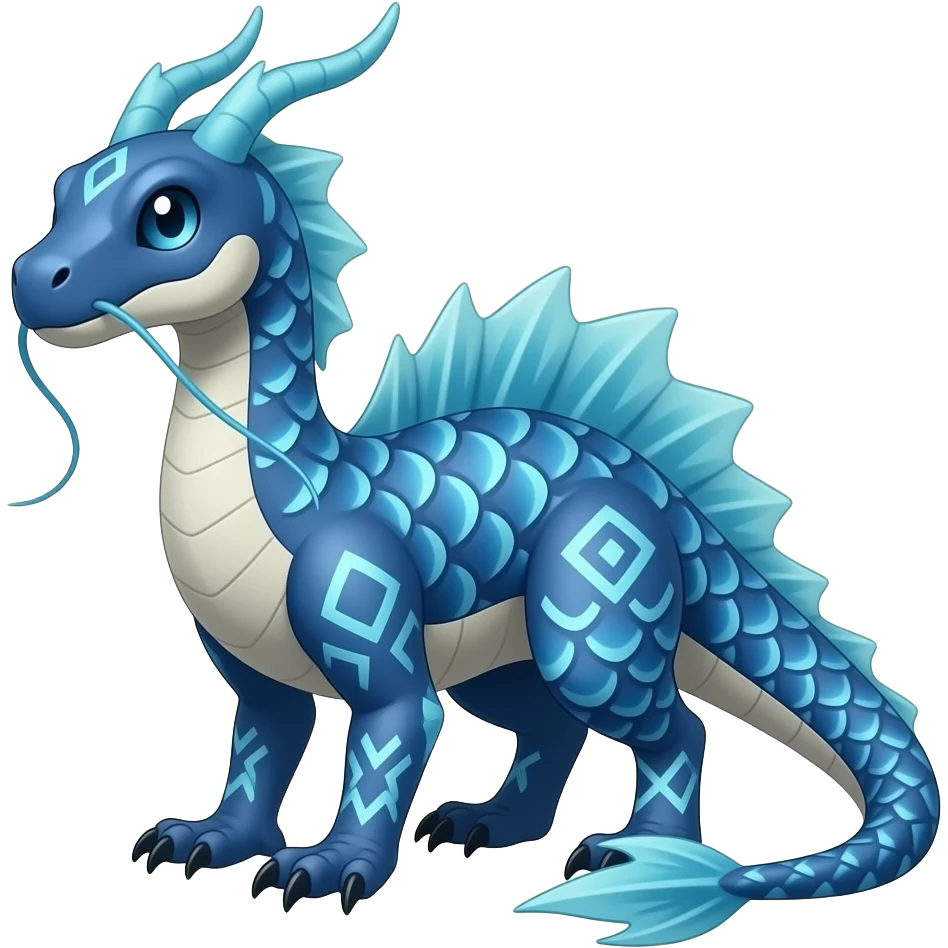 scaly shiny frilled raptorik finned patterned blue tribal-patterned digitigrade quadrupedal Vaporeon-Salandit-Glaceon-hybrid with long thin dragon whiskers emoji