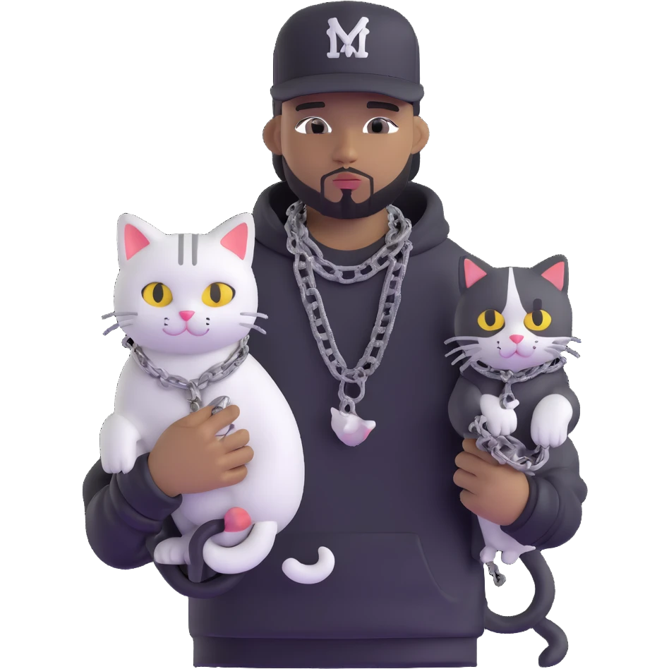 rapper with chains holding a black and white cat emoji