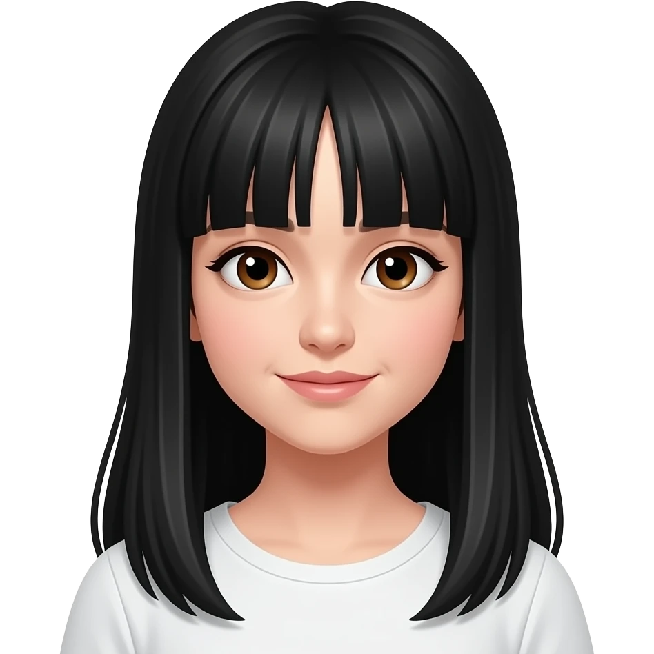 Chica pelinegra con cabello largo y negro y flequillo lacio partido a la mitad y que sea blanca y con ojos marrones emoji