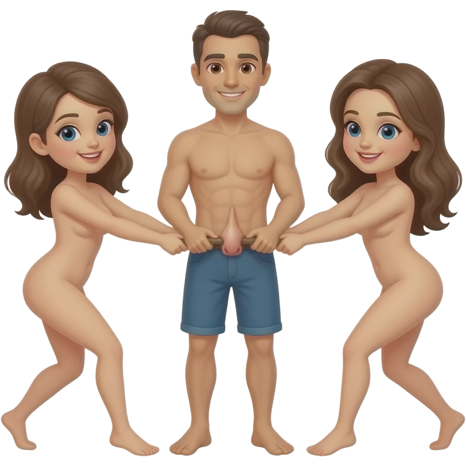 Two completely naked women are pulling on a man's cock. emoji
