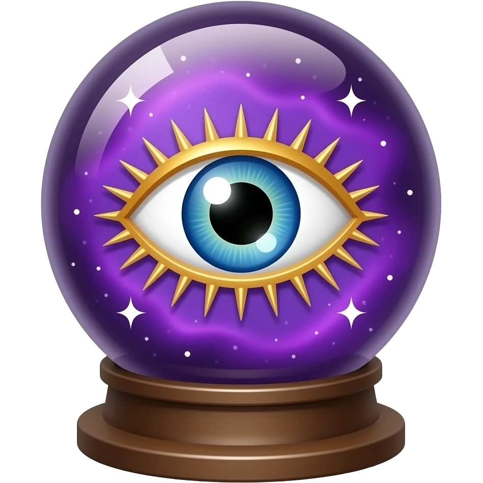 Crystal all-seeing ball on a stand (inside a purple nebula and an all-seeing eye with golden eyelashes) with white sparks (outside the edges) emoji