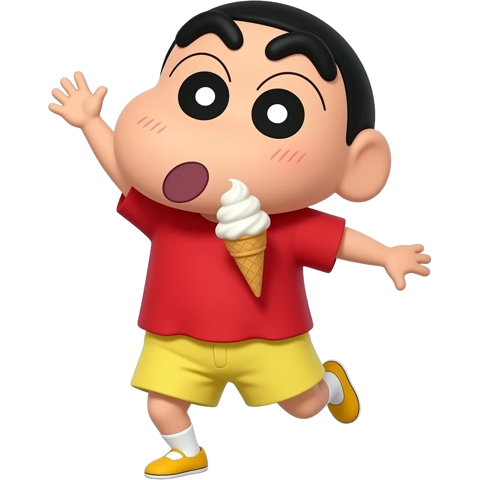可爱的蜡笔小新侧身跳舞，抬头开心的吃冰淇淋 emoji