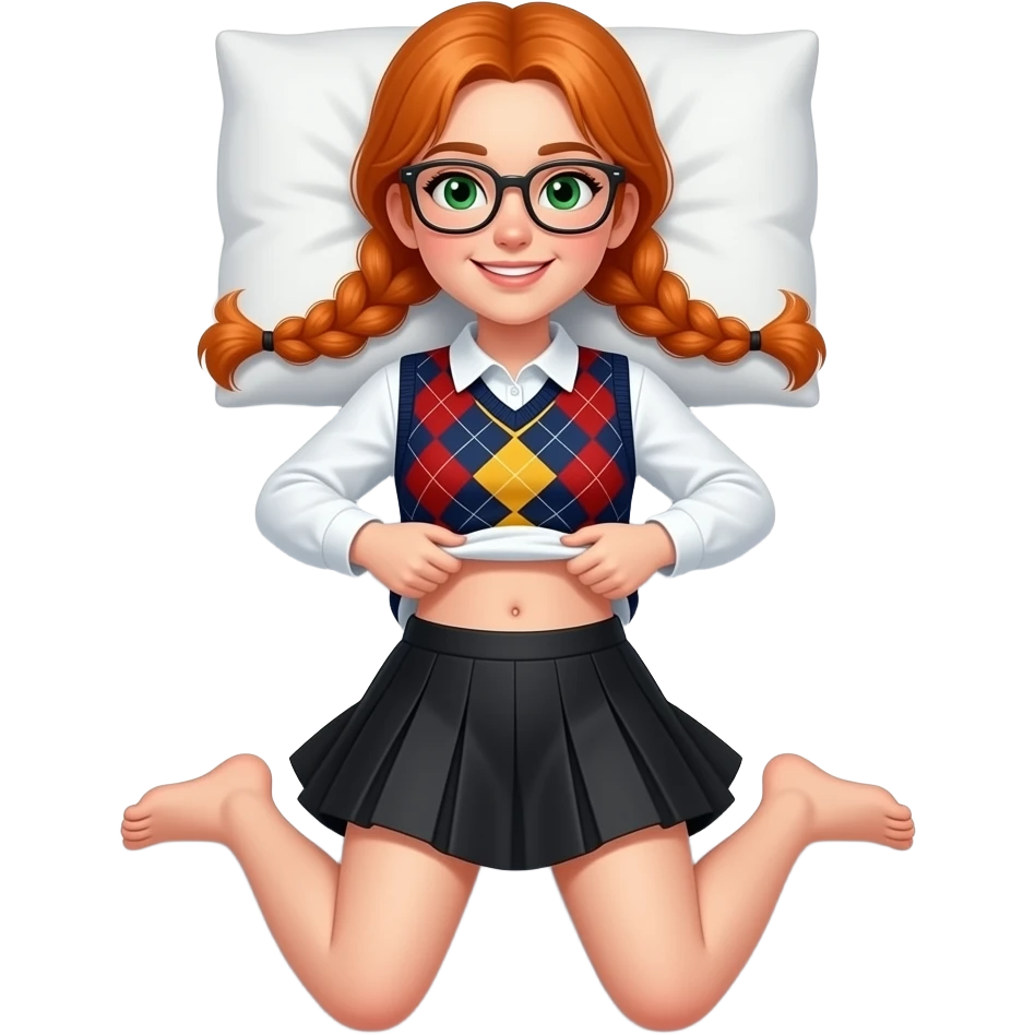 17 year old white woman green eyes orange braided pigtails rectangle glasses white long sleeved polo argyle dark blue red and yellow vest black skirt laying down on her pillow in bed lifting her shirt showing belly button showing her feet toe wiggling emoji