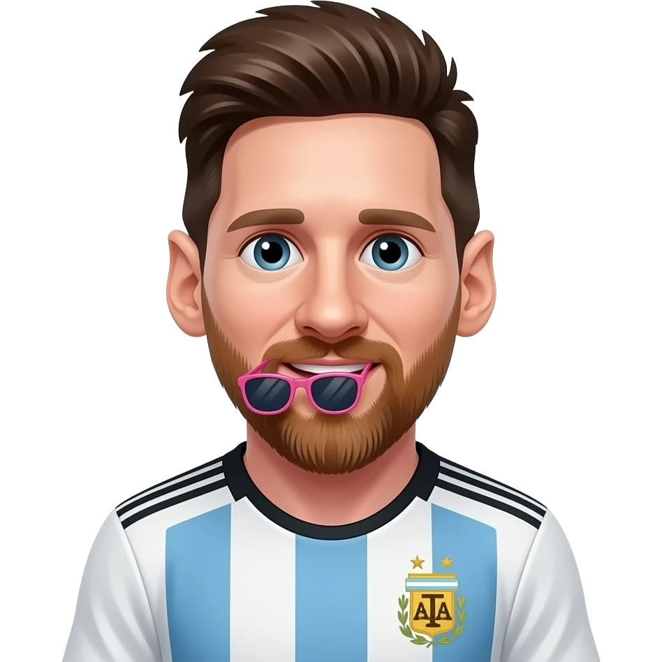 Messi emoji avatar, front-facing, Argentina jersey, cute cartoon style. One small pink sunglasses is held between his teeth, sitting inside the mouth, clearly visible and funny. emoji