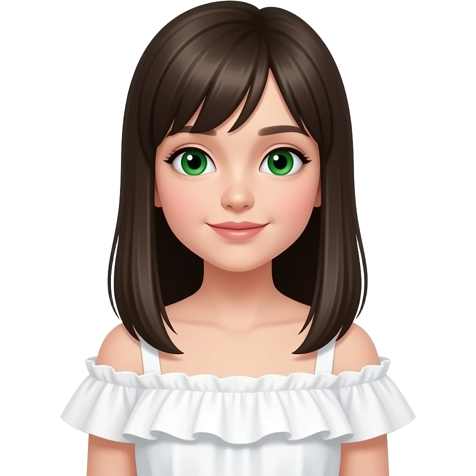 girl wearing some dress white with ruffles straight hair and green eyes that are proportionate emoji