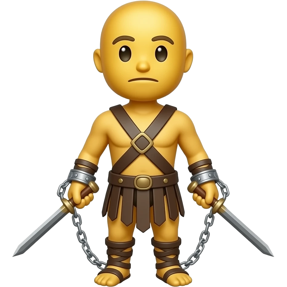 spartacus, minimal, full body, yellow skin, tipical emoji caracter style, more emojis style, more minimal, with weapons, more simplistic, emoji style, shackles on wrist with broken chains emoji