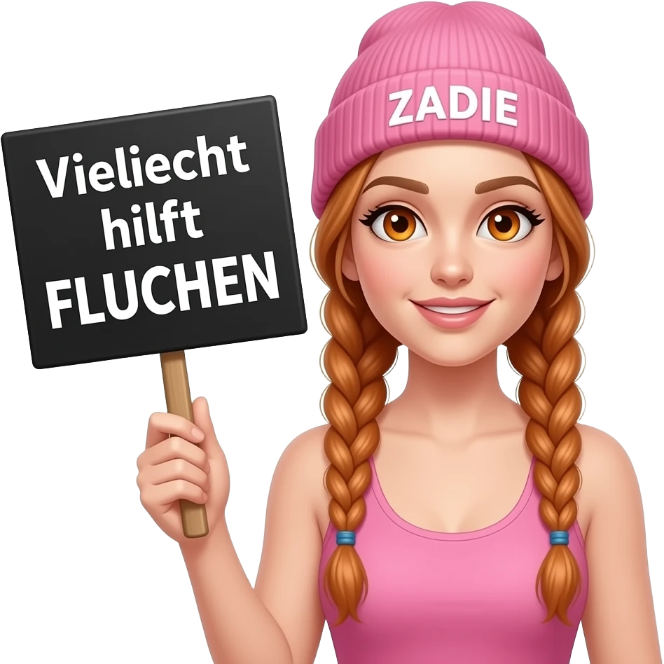 sexy girl with overlong ginger braids and ginger eyes wearing a pink tanktop and a pink beanie with ZADIE written on it, is holding a black sign with Vielleicht hilft FLUCHEN written on it emoji