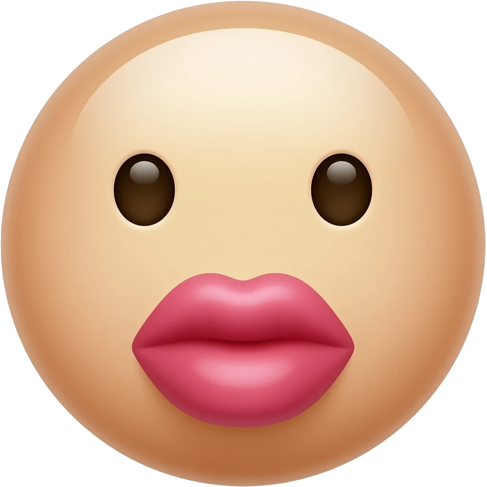 a smiley with very clearly stretched forward lips, lips are round and folded as if for a kiss or blowing, emoji