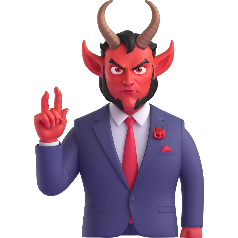 satan character, 3/4 view, modern interpretation, sharp suit, subtle horns, confident expression emoji
