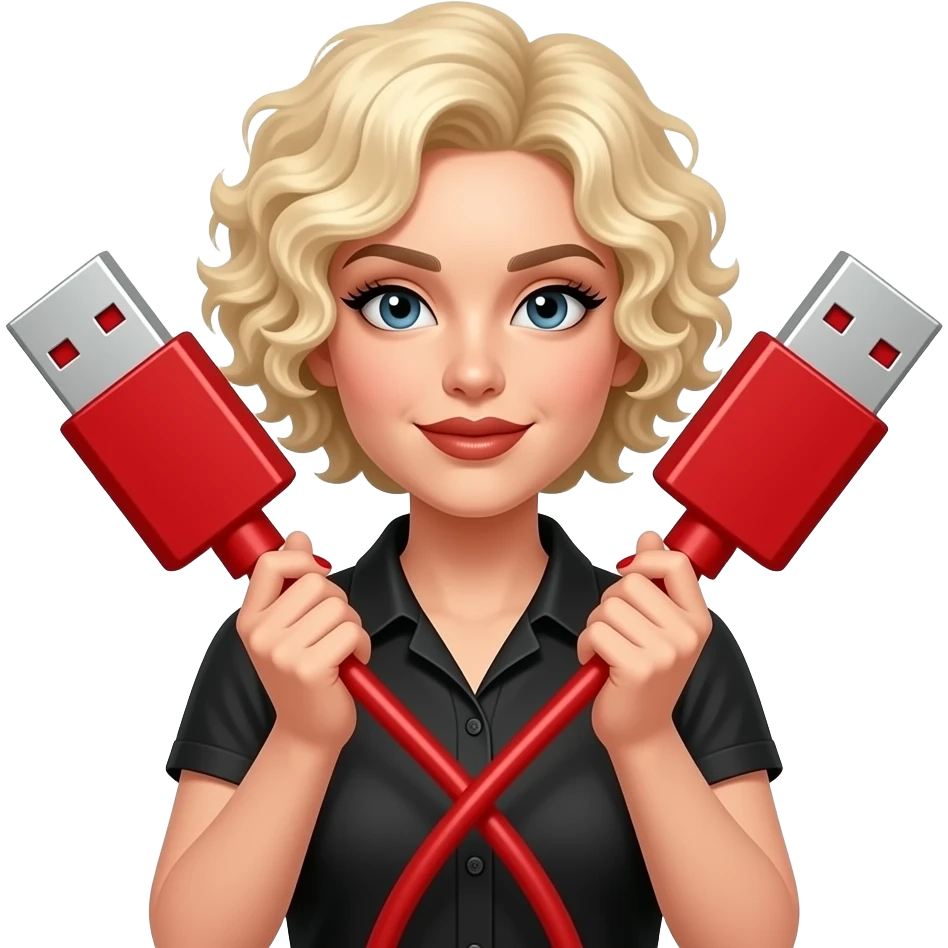 above neck Short blonde curly hair holding a massive two red USBS with wire going across them  with two hands, red finger nails and brown lipstick and black eyebrows and black eyelashes in a black and peach short sleeve shirt emoji