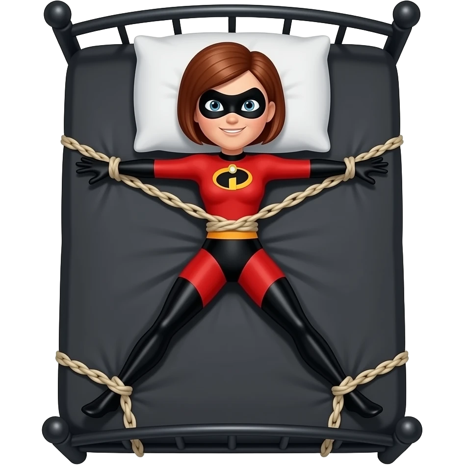 Helen Parr, Mrs. Incredible, Elastigirl, Tied to an all  black bed, legs and arms spread, tied to the corners of the bed emoji