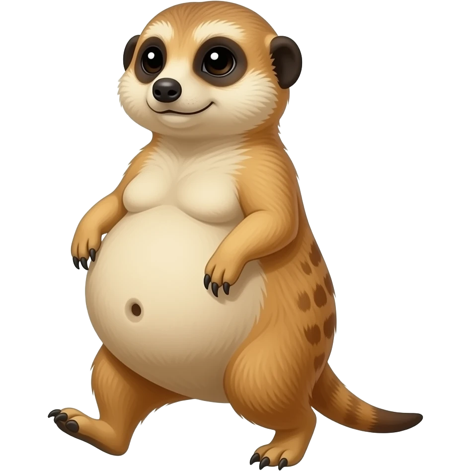 A female Meerkat now wants to give a try to walk,but with her full belly so big she has to hold it up off the ground,it is a guessing game if she is gonna all the way home ,but she knows she is just fat,her bellybutton makes agreement with clues. emoji