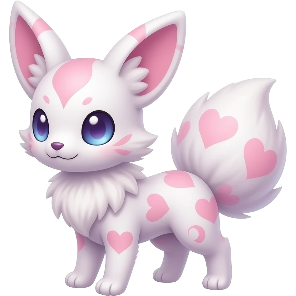 Fuzzy cozy aesthetic Magical Rosy beautiful gorgeous pretty Petite shiny glossy sparkly romantic pastel damask Absol-Sylveon-Amaura-Milotic-Minccino-Furret-Fakemon-hybrid with heart and moon patterns emoji