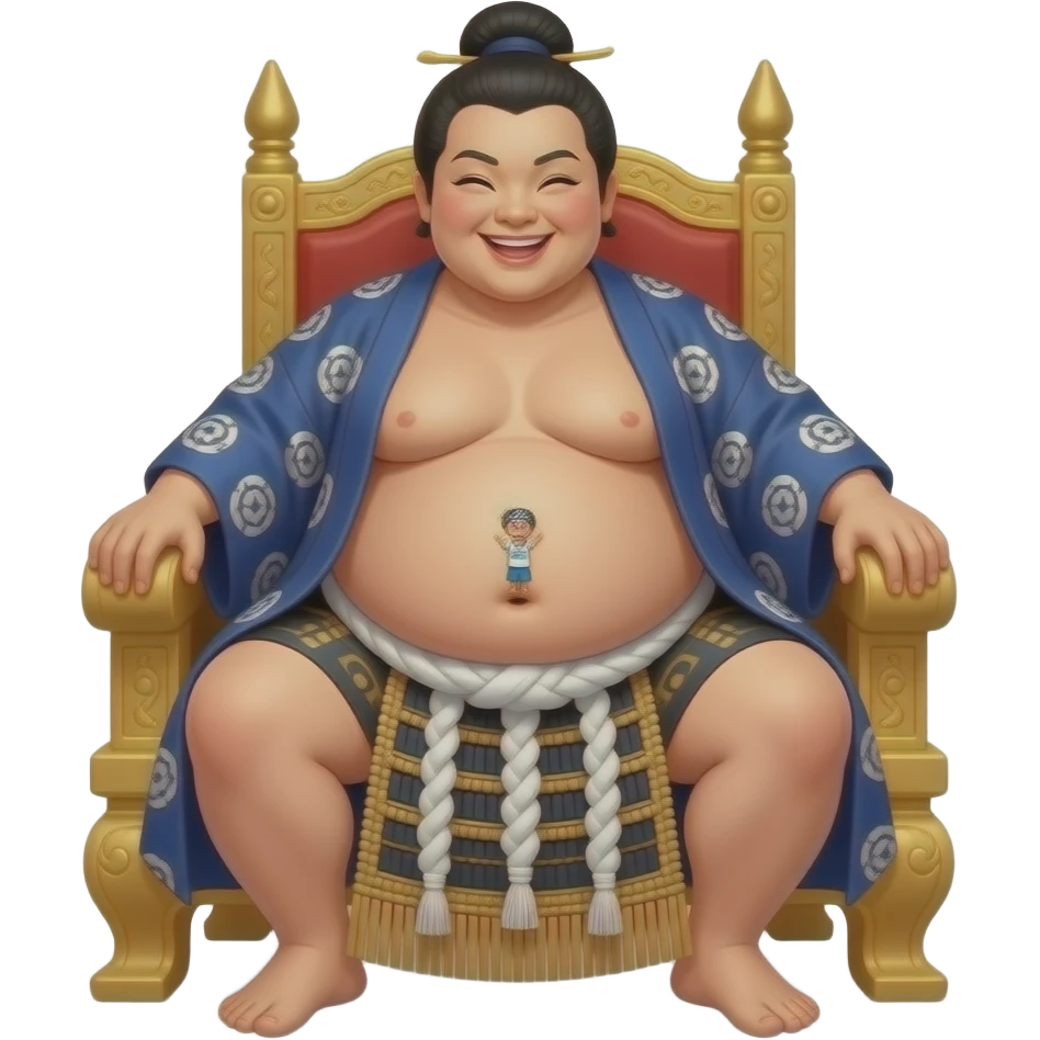 A female sumo warrior rests on a throne bench,with a cutely playful gesture she hangs out her overstuffed obese exposed belly,so the tiny volunteer admirers can use the girl’s vulnerable belly to bounce on,The female giant giggles because her bellybutton is ticklish. emoji