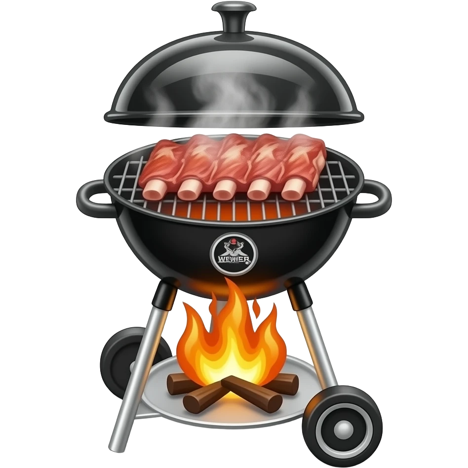 Ribs smoking on a standing weber grill with fire emoji