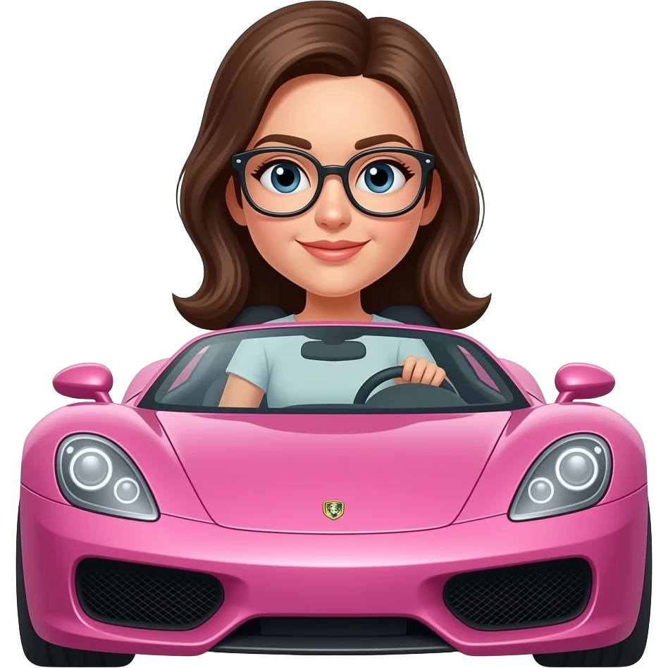 Brunette wearing glasses driving pink sports car emoji