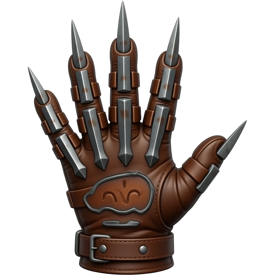 Freddy Kruger Glove, brown leather, large sharp blades attached vertically to the fingertips, rust colored steel pieces on the back hinged together. emoji