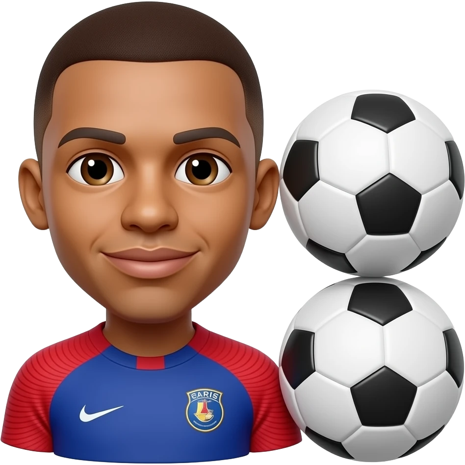 Mbappe-inspired 3D emoji, same face every time, 2 footballs stacked beside him, face uncovered. emoji