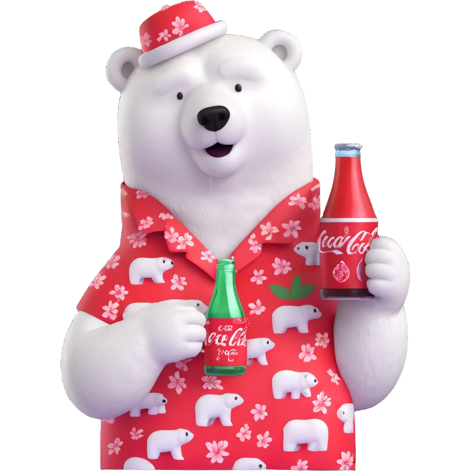polar bear in a Hawaiian shirt decorated with Coke bottles, holding and drinking a Coca-Cola emoji