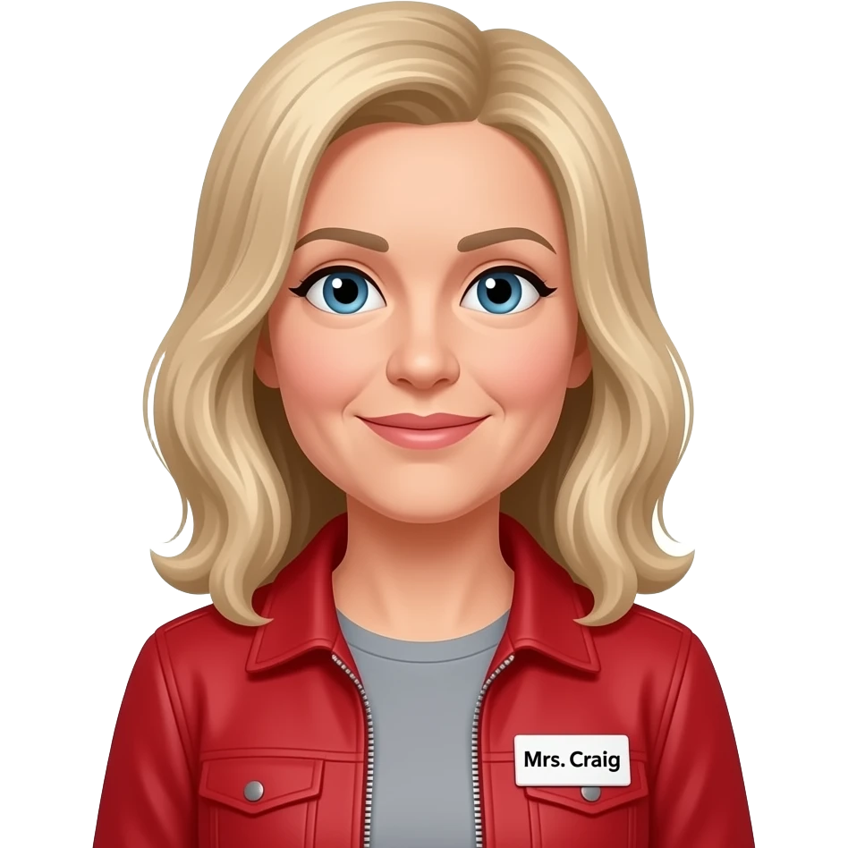 Make this emoji with dirty blonde hair below the shoulders, over 55 years old, with a red jacket and gray undershirt and name tag says Mrs. Craig emoji
