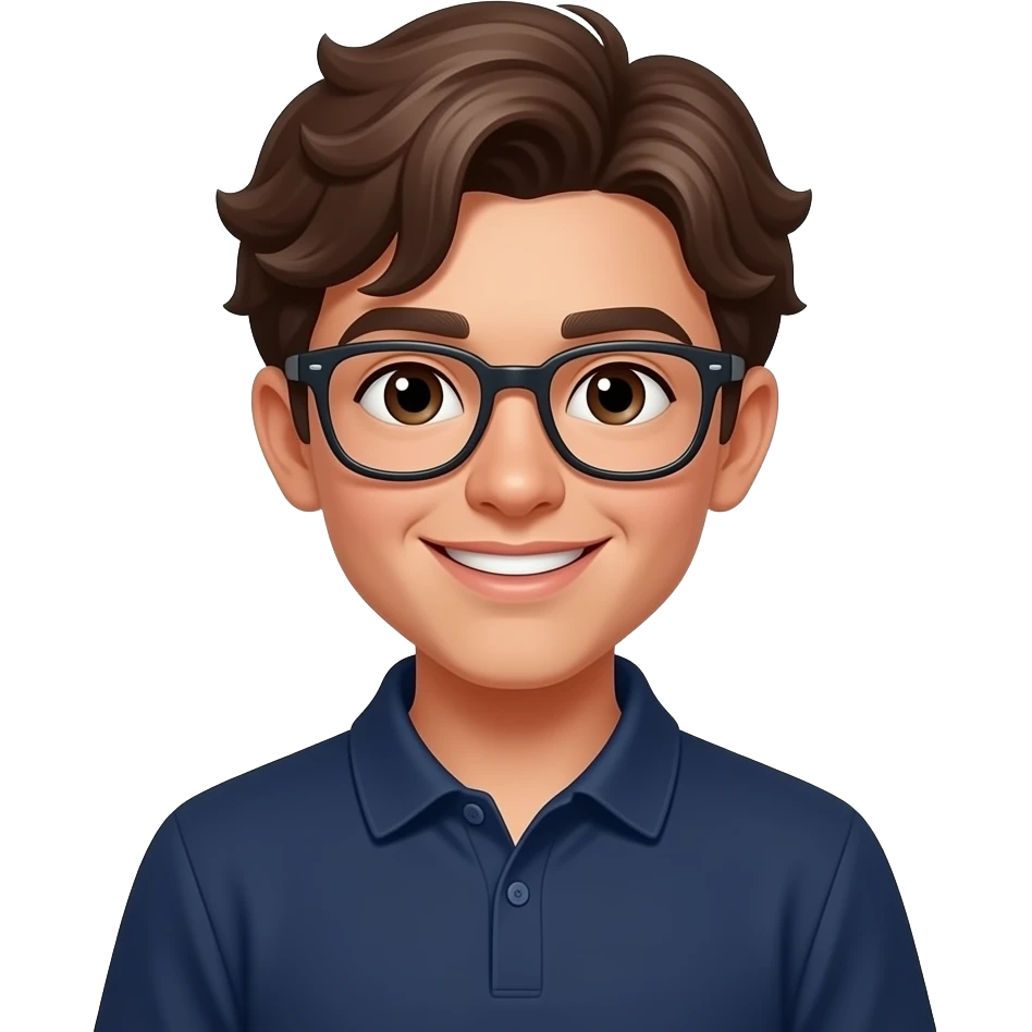Boy with brown wavy hair, glasses, tan coloured skin and a smile, navy polo shirt emoji
