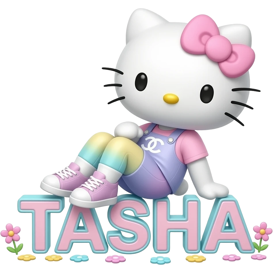 4D Velvety fur hello kitty wearing ombre white and blue and pink yellow ombre pastel colored leggings and sneakers, and with the Chanel symbol on her ombre pastel bow sitting sideways leaning back on top of the velvety 3D outlined letters TASHA surrounded with tiny ombre pastel flowers made of candy emoji