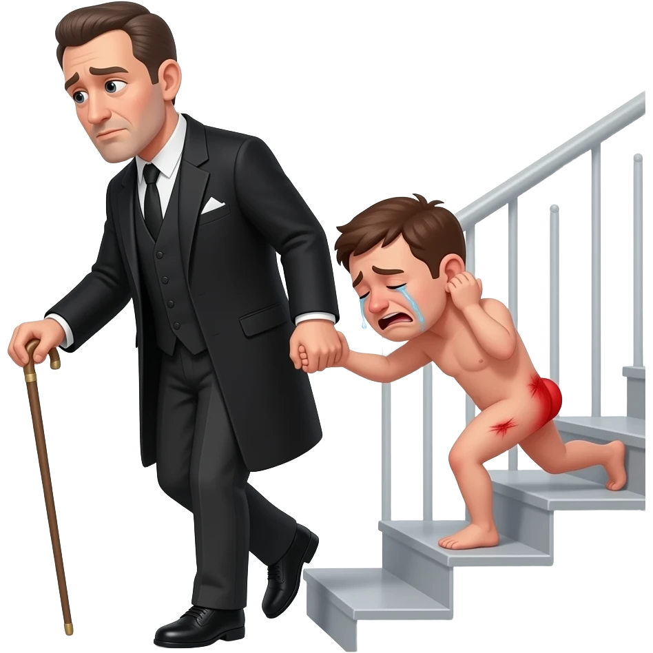 A stern clothed man with a thin cane is leading and dragging a small, crying, naked man up a flight of stairs by the ear, his red buttocks are very bruised. emoji