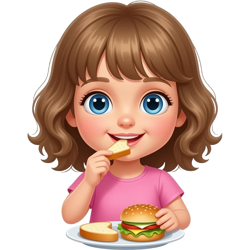 white kid blue eyes mid length with bangs soft curly hair to shoulders in color: middle to little darker blonde, in pink dress, eating lunch emoji