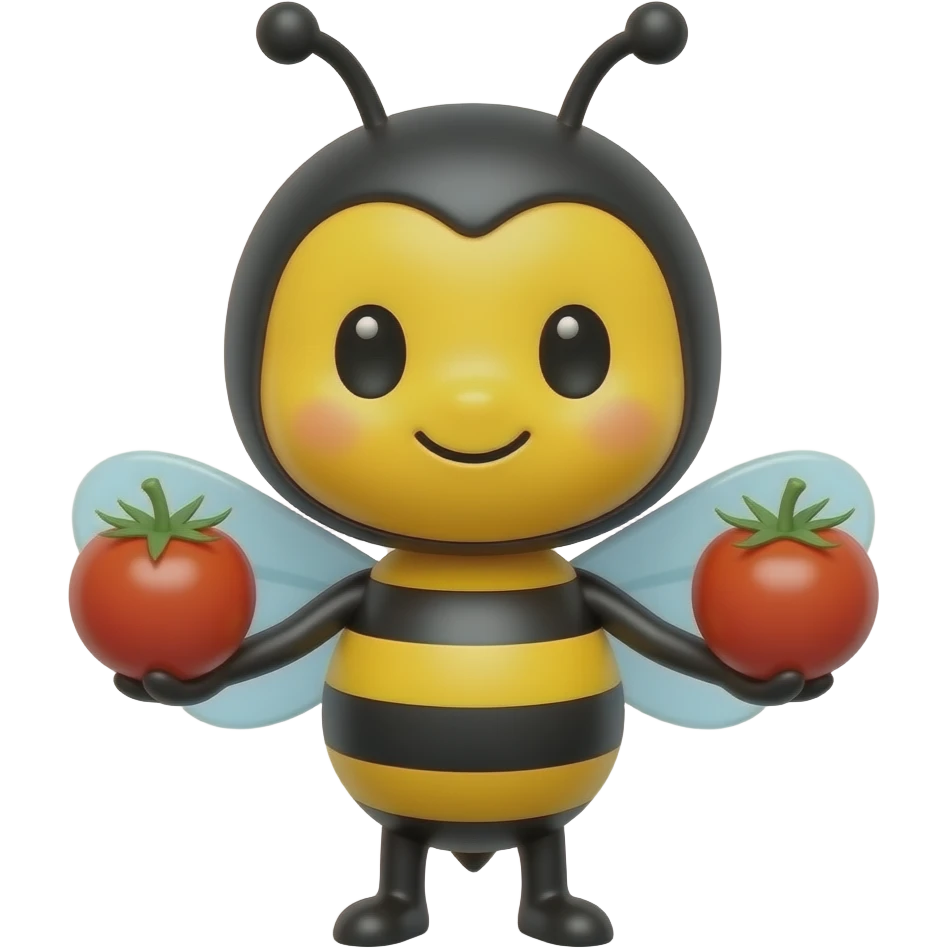 A cute bumblebee character holding a cherry tomato in each hand emoji