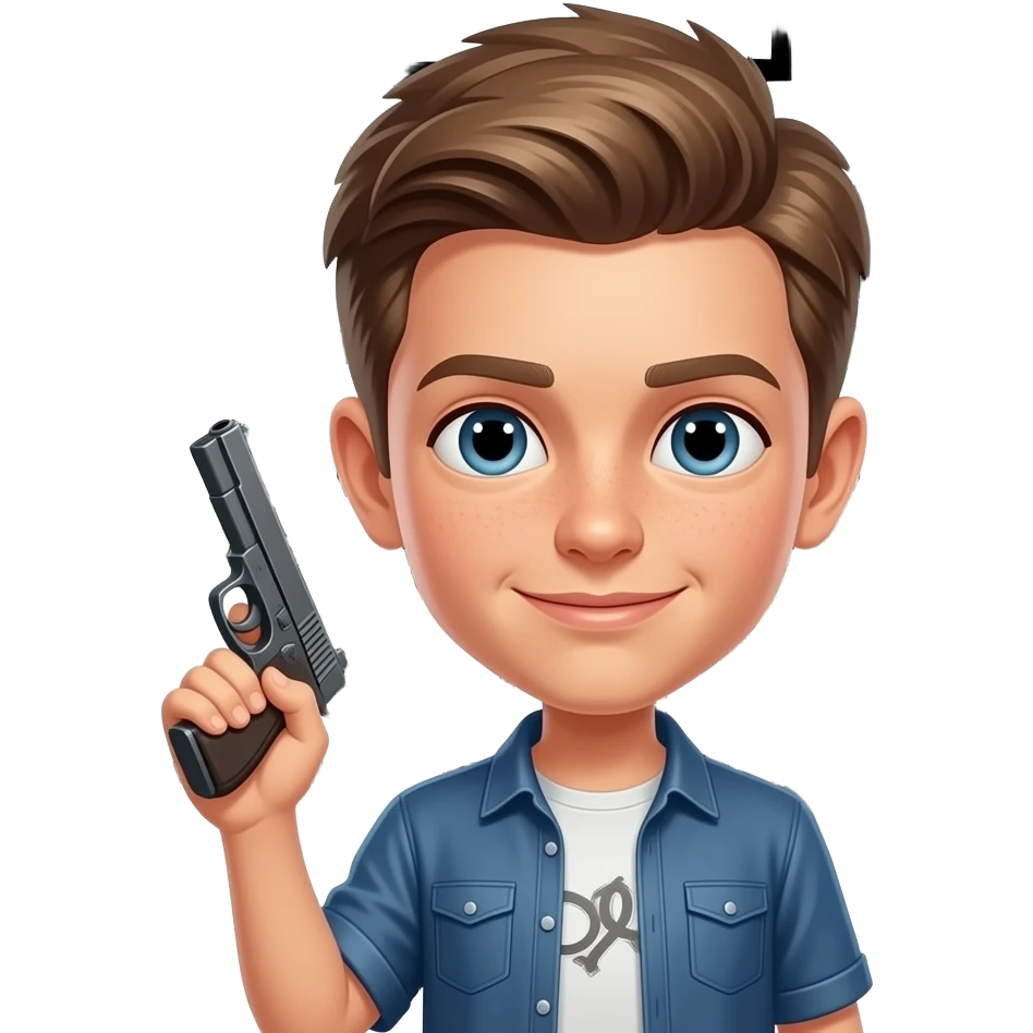 A white boy that has Light brown hair that has a gun in his hand that has A grand theft auto V sign in front emoji