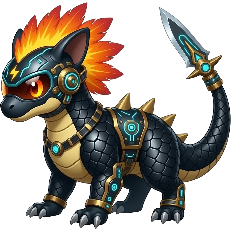 Cool edgy fiery cybernetic electrical visor-helmeted, Circuitry-patterned black-scaled digitigrade futuristic raptorik fantasy-Cyberpunk-Steampunk-Solarpunk-Genesect-Salamence-Cyclizar-Salazzle-Feraligatr-Fakémon-animal-hybrid, with neon feather-mane, and a tail blade, back spikes emoji