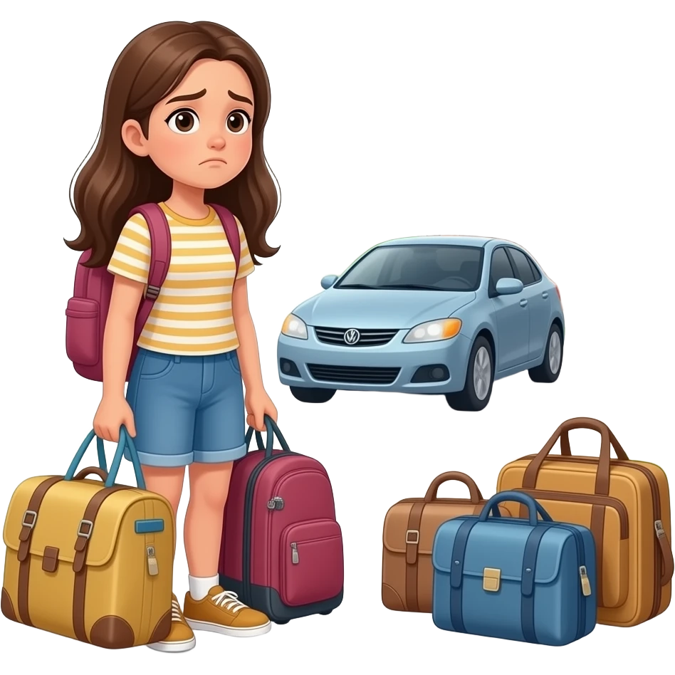 teen girl long hair, bored face outside with packing bags neighborhood looking  at car leaving emoji